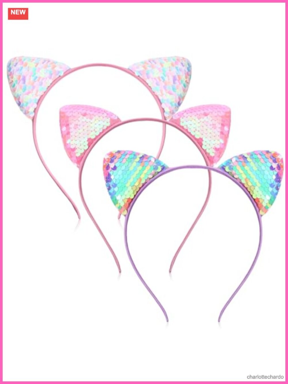 3Pc Sequin Cat Ear Headbands Glitter Sparkly Hairbands Set of 3